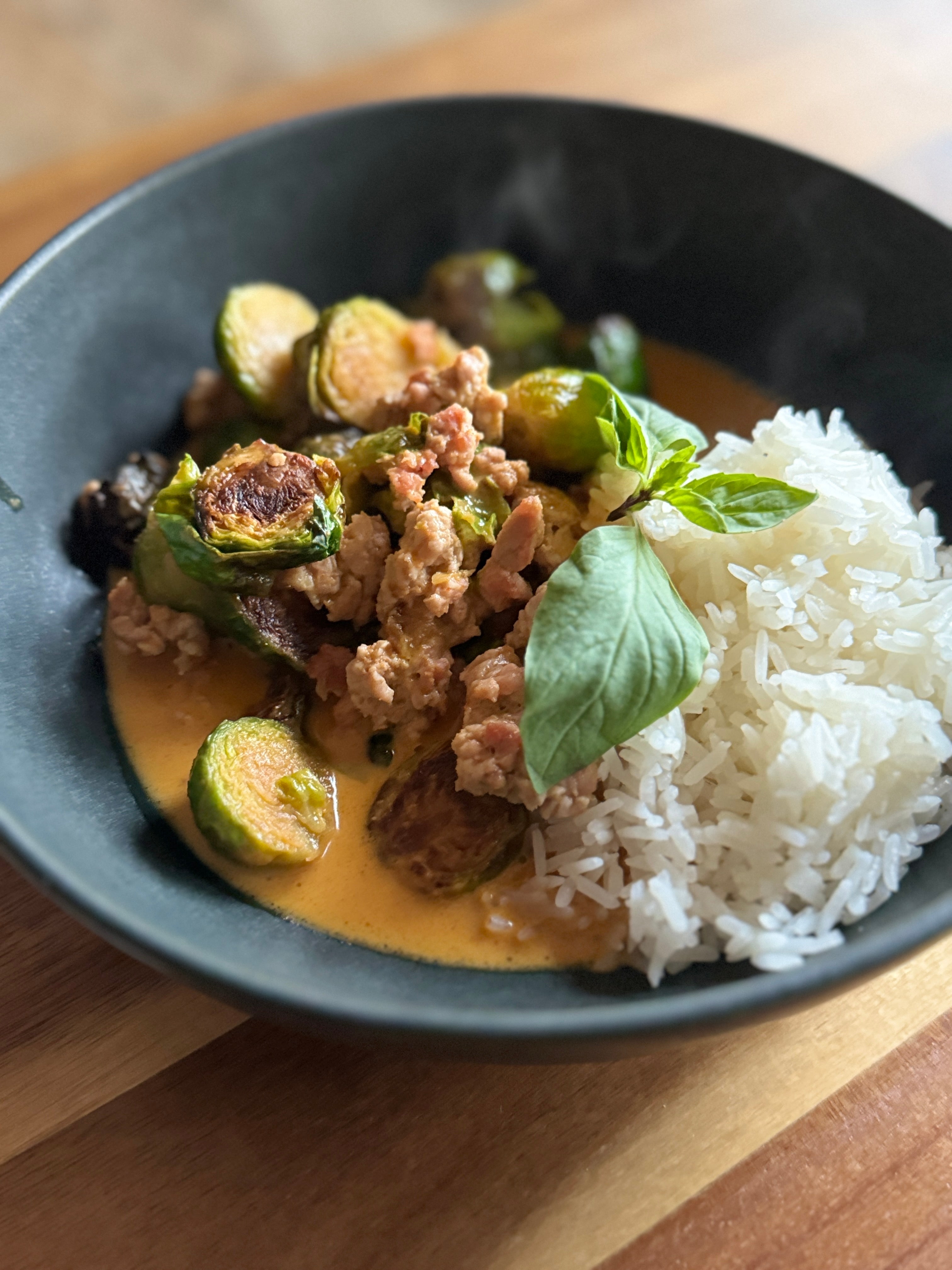 Red Thai Curry with pork and Brussel sprouts