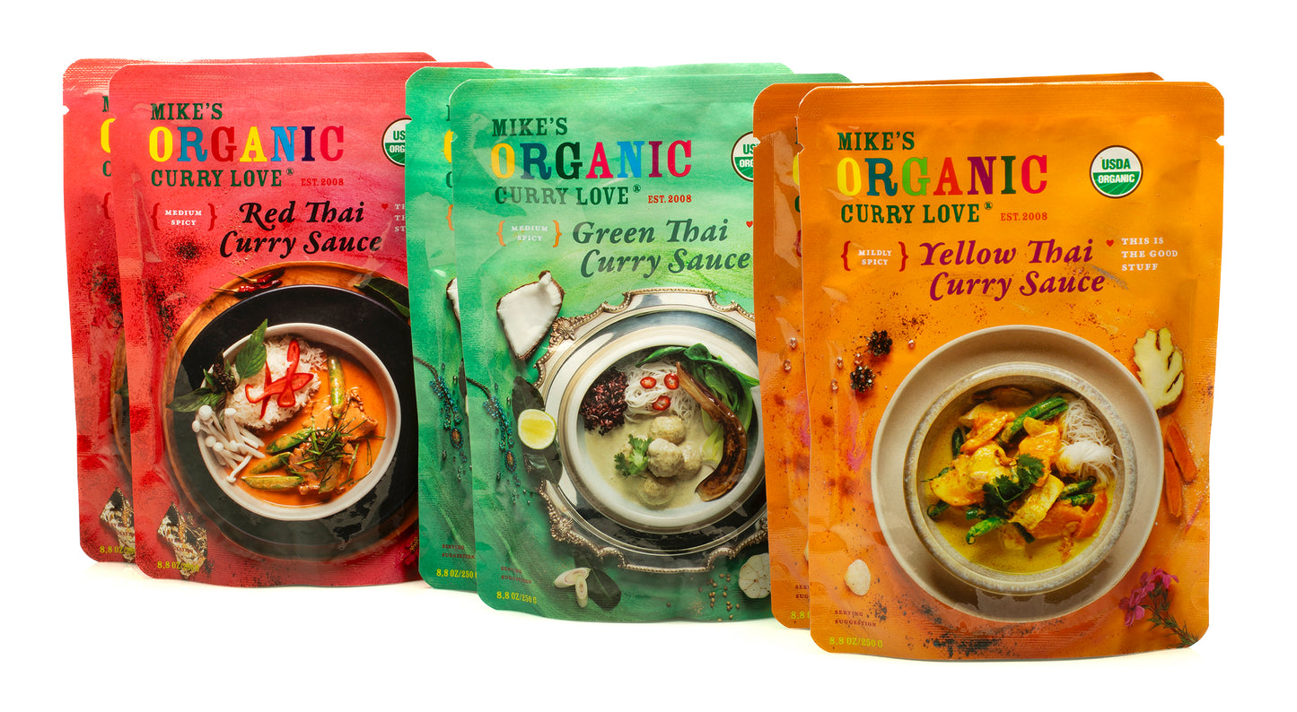 Organic Variety 6 Pack of Curry Sauces | 6 x 8.8 oz pouches | 2 Red, 2 Green, 2 Yellow