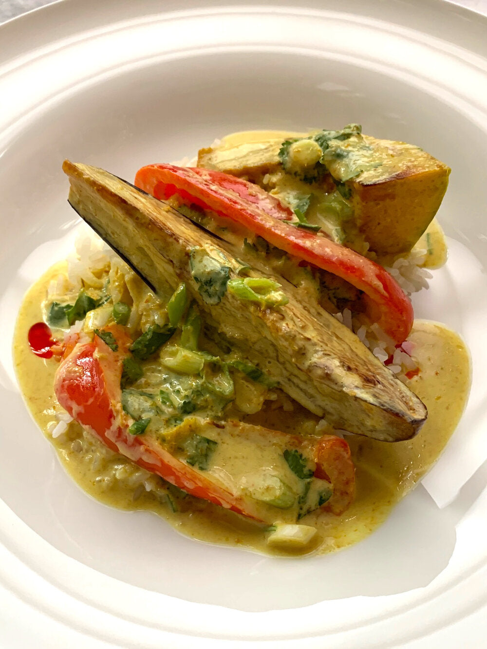 YELLOW THAI CURRY WITH EGGPLANT AND PEPPERS