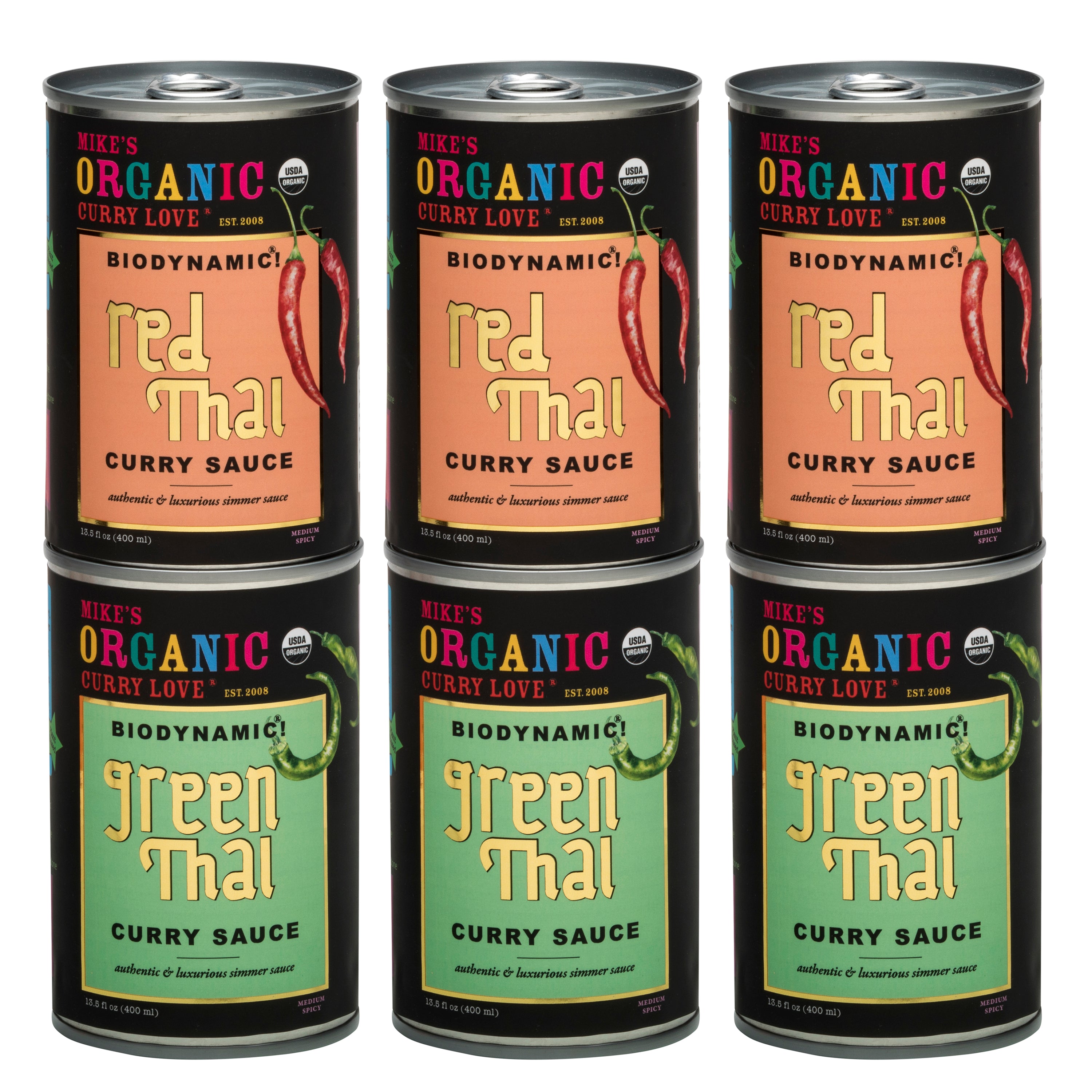 Organic & Biodynamic Red & Green Thai Curry Sauces - 6 x 13.5 fl oz Tin Cans